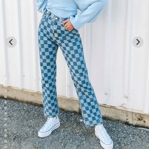Checkerboard high waist blue denim jeans
